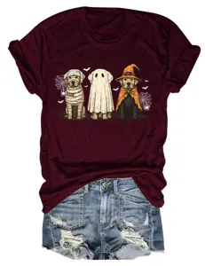 Women Halloween Funny Dog Graphic Short Sleeve Crewneck T-Shirt Casual Holiday Outfit Top