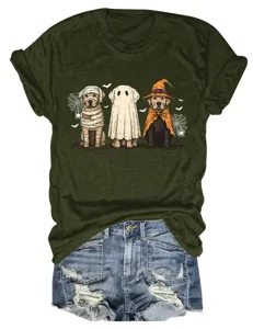 Cute Halloween dog graphic t-shirt paired with denim shorts, casual crewneck short sleeve top.