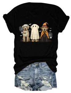 Cute Halloween dog graphic t-shirt detail, black short sleeve top with funny ghost puppy print.