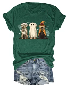 Detailed view of dark green short sleeve t shirt with cute Halloween dog graphic and denim shorts.