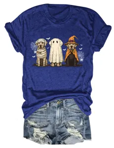 Women's cute Halloween ghost dog graphic short sleeve crewneck blue t-shirt with denim shorts