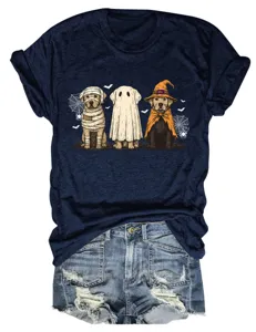 Women's dark blue short sleeve t-shirt with cute Halloween dogs graphic and denim shorts.