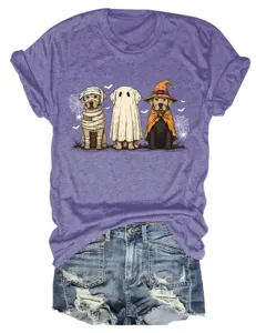 Women's Halloween Cute Three Ghost Dogs Graphic Short Sleeve Purple T-Shirt Casual Tops