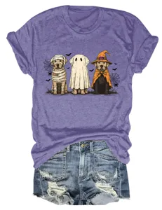 Detailed view of women's purple Halloween short sleeve T-shirt featuring funny ghost dog graphic.