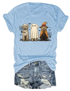 Cute Halloween dog graphic print women crew neck short sleeve light blue t-shirt and shorts.