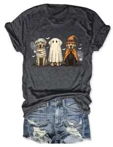 Women halloween ghost dog print short sleeve crewneck t-shirt casual cute top tee apparel