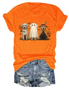 Women cute Halloween dog graphic short sleeve crewneck t-shirt orange casual top for summer