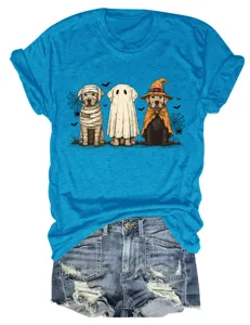 Cute Halloween ghost dogs graphic print short sleeve crew neck t-shirt for women casual top.