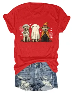 Halloween dog graphic print detail on a red short sleeve crew neck t-shirt with denim shorts.