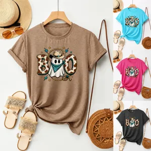 Women Casual Cotton T-Shirt Funny Ghost Cowboy Hat Graphic Print Short Sleeve Crew Neck Summer Tee Top
