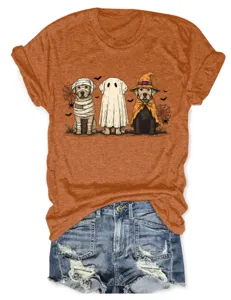 Cute Halloween dog graphic short sleeve crewneck t-shirt paired with denim shorts.