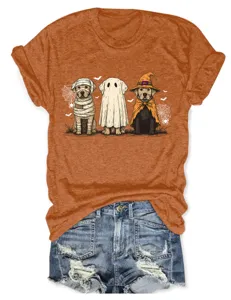 Women halloween cute dog graphic short sleeve round neck casual t-shirt detail view