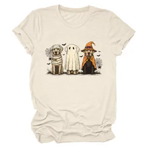 Cute Halloween ghost dogs graphic t-shirt casual women round neck short sleeve tee top beige