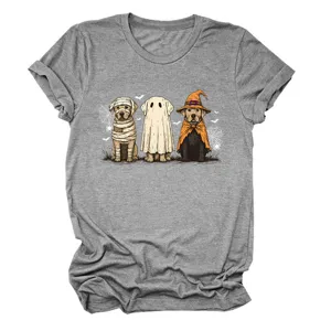 Cute Halloween dogs graphic short sleeve grey crew neck women casual t-shirt top