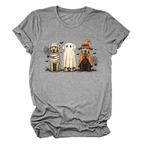 Cute Halloween ghost dogs graphic print short sleeve crewneck t-shirt heather grey detail view