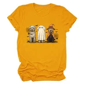 Cute Halloween dogs graphic short sleeve t-shirt for women, funny round neck casual top.