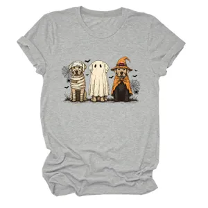 Women Cute Ghost Dogs Halloween Graphic T-Shirt Casual Short Sleeve Crewneck Tee Top