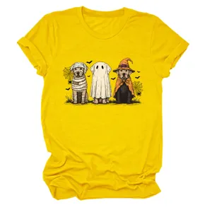 Cute Halloween dog graphic round neck short sleeve yellow t-shirt casual women top detail