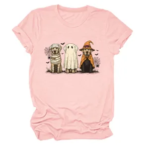 Women cute halloween ghost dogs graphic pink short sleeve crewneck t-shirt casual top