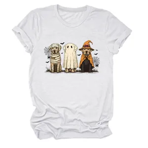Women cute Halloween ghost dog print white short sleeve round neck casual t-shirt top