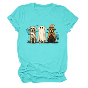 Cute Halloween ghost dogs print women short sleeve crew neck t-shirt, casual turquoise top.