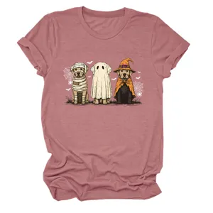 Cute Halloween ghost dogs graphic print short sleeve crewneck casual women pink t-shirt