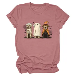 Women's Cute Halloween Ghost Dogs Graphic Crewneck Short Sleeve T-Shirt Casual Top