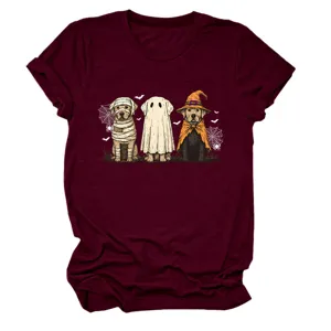 Cute Halloween dog graphic detail on burgundy women's short sleeve crewneck t-shirt.