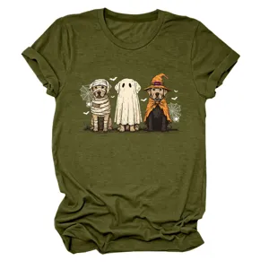 Cute funny ghost dog graphic print women's round neck short sleeve olive green t-shirt