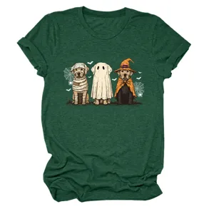 Cute Halloween ghost dogs print women green t-shirt casual short sleeve crewneck tee top