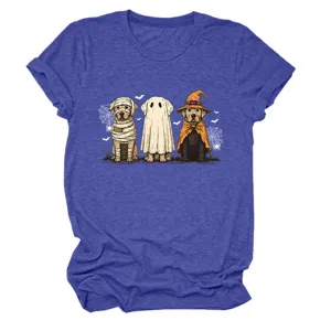 Close-up of the front graphic featuring three cute dogs in Halloween costumes on the blue tee.