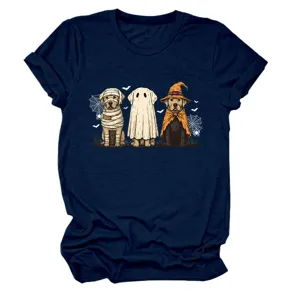 Women Halloween Ghost Dog Graphic T-Shirt Cute Funny Crew Neck Short Sleeve Casual Tee