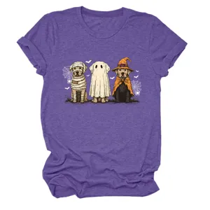 Women cute Halloween ghost dogs graphic print purple crew neck short sleeve t-shirt detail view