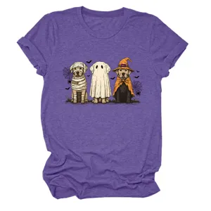 Cute Halloween ghost dogs print graphic tee, casual round neck short sleeve t-shirt detail.