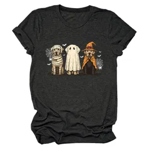 Women Halloween Ghost Dog Graphic T-Shirt Cute Witch Mummy Short Sleeve Casual Crewneck Top