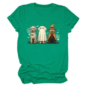 Close-up detail of the green short-sleeve t-shirt featuring cute Halloween ghost dog graphic.