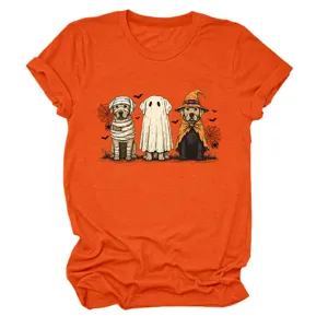 Cute Halloween ghost dogs print women short sleeve t-shirt casual orange tee top style