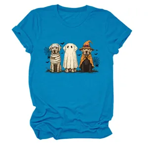 Cute Halloween ghost dogs graphic t-shirt for women, casual blue short sleeve round neck top.