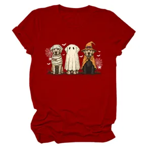 Cute Halloween dog graphic print women's crewneck short sleeve red t-shirt casual top