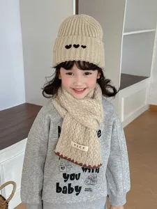 Kids solid cable knit scarf and hat set, warm winter fashion neckerchief for boys and girls.
