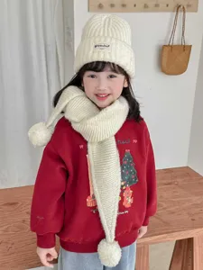 Children warm thick knitted beanie hat and long pompom scarf set for winter daily wear.