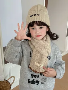 Children cable knit scarf and hat set, warm winter wool neckerchief for boys and girls.