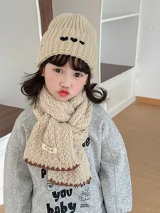 Kids beige knit beanie scarf set, cute heart decor winter warm thick woolen neck warmer