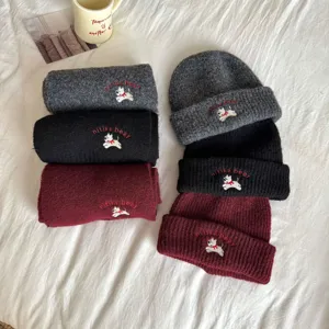 Kids knitted beanie and scarf winter set, cute puppy embroidery, warm wool blend, 3 colors.