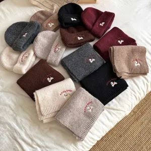 Kids cute embroidered puppy knit beanie and scarf set autumn winter warm thick clothing set