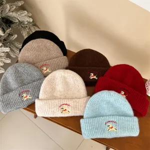 Cute baby knitted beanie hat with lovely puppy embroidery, warm and thick winter children cap.