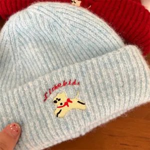 Cozy baby knit beanie hat with cute puppy embroidery, thick and warm winter toddler cap.