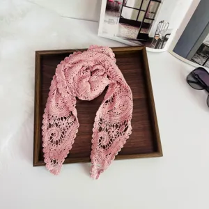 Pink crochet hollow triangle scarf knitted headscarf fashion spring decorative shawl.