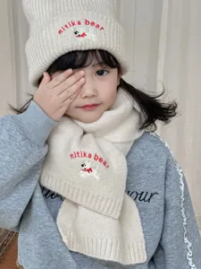 Cute kids knit beanie and scarf set with sweet puppy embroidery for autumn and winter.