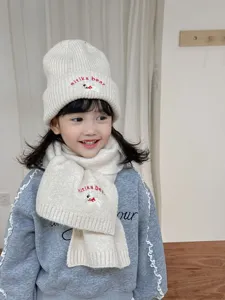 Cute kids knit beanie and scarf set with cute puppy embroidery warm winter wear for boys and girls